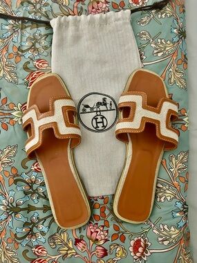 Hermes Brown and White Oran Leather Slide Sandals